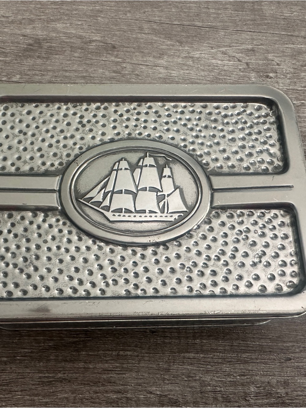 vintage Old Spice Classic Hammered Tin Box with a tall sailing ship on the lid